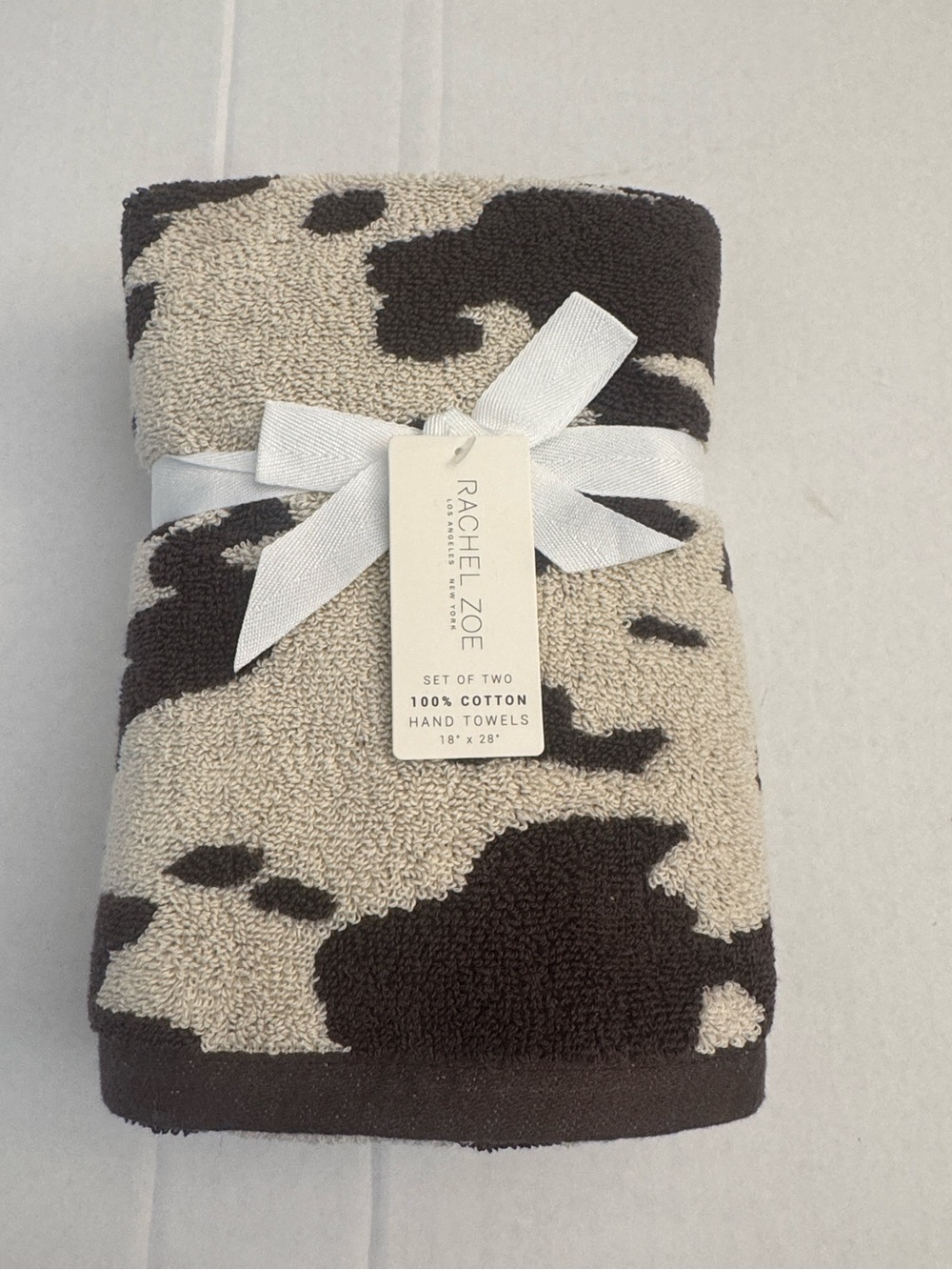 2pc Rachel Zoe Brown and Cream Cow Print Bath Hand Towel